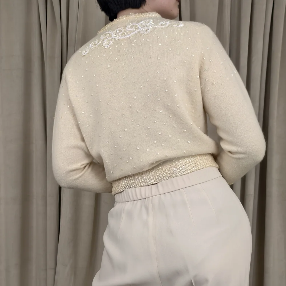Vintage Wool and Rabbit Hair Cream Cardigan with Sequins Embellishments - Picture 4 of 8